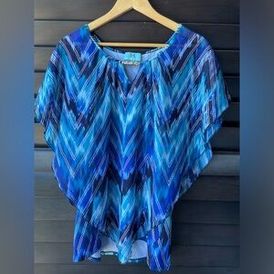 South Main Blue Blouse Short Sleeve Sheer Overlay Silver Bead detail XXL